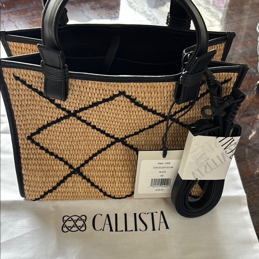 CALLISTA STRAW/BLACK MINI TOTE BAG W/crossbody straps New orig $595